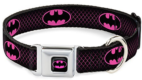 Hundehalsband mit Gürtelschnalle, Batman-Motiv, Kettenglieder, 33-45,7 cm, 3,8 cm breit, Schwarz/Hot Pink