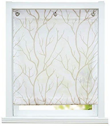 ESLIR Raffrollo ohne Bohren Raffgardine Transparent mit Ösen Gardinen mit U-Haken Ösenrollo Modern Vorhänge Weiß-Braun BxH 80x140cm 1 Stück