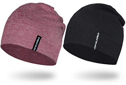 EMPIRELION 9 multifunktionale leichte Beanie-Mützen Running Skull Cap Radsport-Kappen Helmfutter Helm Unterziehmütze Schlaf Kappen für Herren Damen (Rubin Wein Mel.+Schwarz)