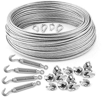 DQ-PP Stahlseil Set 6 | 3mm 6x7 Mittelweich | 20 Meter | Stahl Verzinkt | 4x Kauschen | 4x Spannschloss Haken-Öse M5 | 12x Seilklemmen Bügel | Drahtseil für Rankhilfe Seil Draht Forstseil