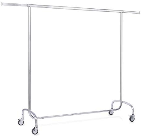 Kleiderständer rollbar B143-205 x T55 x H155 cm, Textilständer breitenverstellbar über Auszugsarme | Kleiderständer zur Warenpräsentation | Garderobenständer, Requisitenständer Chrom, 80mm Gummirollen