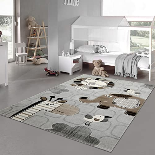 Kinderzimmer Teppich Spielteppich Zootiere Löwe Elefant Vögel Giraffe grau braun Creme, Größe 200 x 290 cm