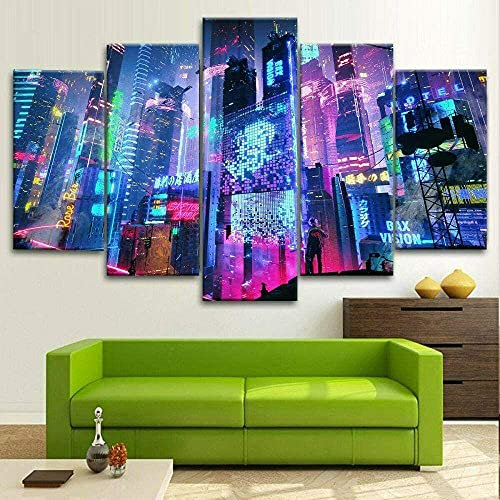 104Tdfc 5 teilig Bilder wandbild 200x100CM Bunte Neon City Cyberpunk 5 TLG Modulare Wandkunst Wandaufkleber Teiliges Vlies Leinwandbild Dekoration