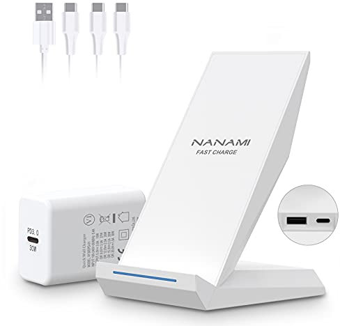 NANAMI Wireless Charger mit 30W USB-C Ladegerät - 2 in 1 Induktive Ladeständer mit Anschluss, Qi Kabelloses Ladestation für iPhone 17/16/15/14/13/12/11/XS Max/X/XR/8 Plus, Samsung Galaxy S25 S24 S23