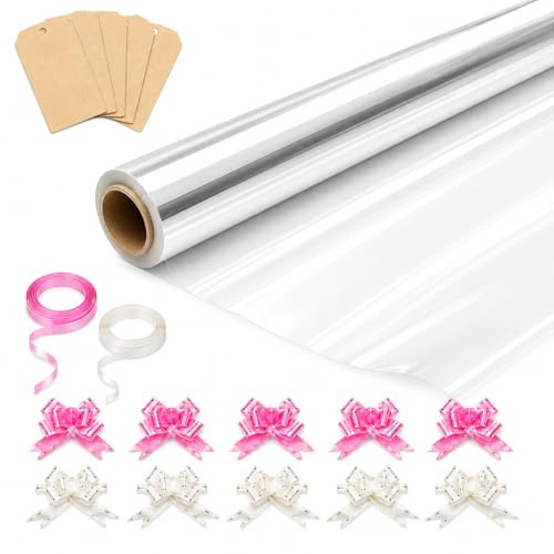 HURUC Klart cellofanomslag för korgar 40 cm x 30 m med stora 10 dragrosetter 2 band och 5 presentetiketter, blomsterhandlare cellofanwrap rullar för att packa gåvor chokladblommor till födelsedag,