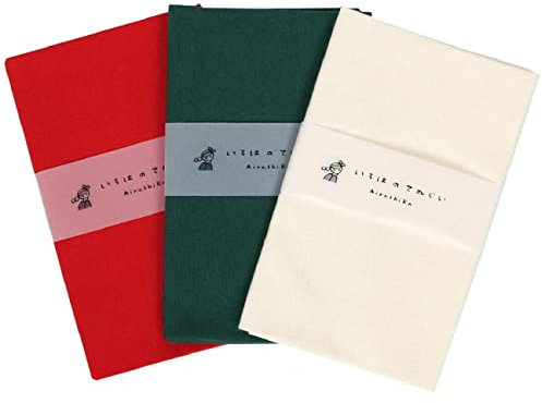 KOMESICHI irodori Traditionelles japanisches Handtuch, Tenugui-Farbe, einfarbiges Muster A (rot, dunkelgrün, naturfarben) mit Ausfransen, 3 Stück, mit Tenugui Iroha (englisches Handbuch in englischer