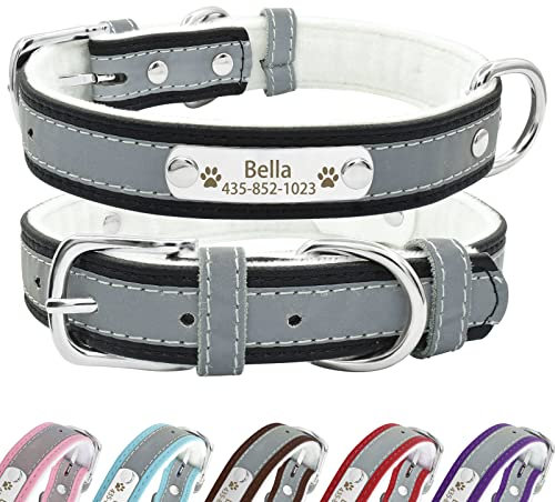Senristar Personalisierte Reflektierende Leder Hundehalsband mit Warmem Futter, Individuelle Hundehalsband mit Namensschild Eingraviert für Kleine Mittlere und Große Hunde und Katzen