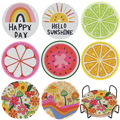 8 Pièces sous-Verres de Peinture de Diamant, 5D DIY D'éTé L'éTé Fruits Dessous de Verre Diamond Painting, Arts et Artisanat pour Adultes Kits de Peinture de Diamant avec Support, pour Maison, Bar