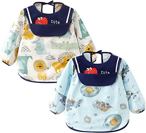 Maeau 2 pcs Bavoir à Manche Longue Impermeable Bébé Fille Garçon 36 Mois Blouse Tablier de Peinture Enfant 3 4 Ans Bavoir Etanche Manches Longues Bébé Bleu Bavoirs pour les Repas Manger Lion Dinosaure