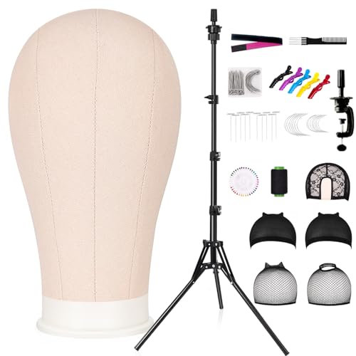 GHWMYD Perückenkopf 22 Inch(58cm), Dekokopf mit Perückenständer 160cm, Leinwand Perücke machen Mannequin Kopf mit übungskopf ständer,Tischklammer,T-Stifte und Haarbürste, Beige