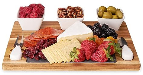 Twine Acacia & Slate Cheese Board Set - Charcuterie Board Bowls and Knives - Slate Cheese Tray Wood Cheese Board - 7-Piece Set of 1, Brown