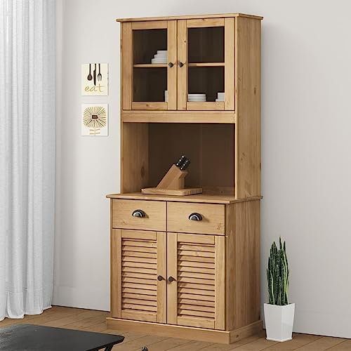 KOIECETA Highboard VIGO Küchenschrank Vitrinenschrank Geschirrschrank Massivholz Kiefer Anrichte Esszimmerschrank Vitrine Landhausstil Rustikal Kommode (Braun, Mit 2 Türen)