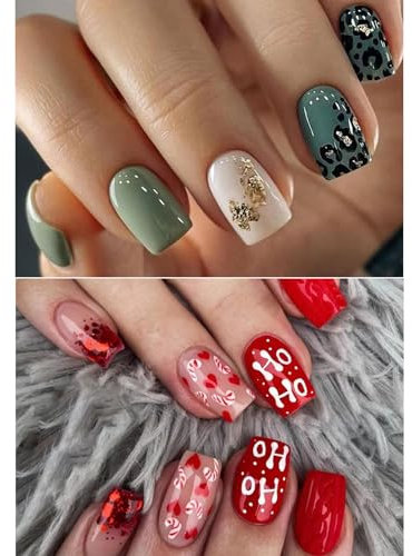 Ceboic 2 Packs (48 Pcs) French False Nails - Short Square Press On Full Cover Acrylic With Leopard Print Design, 12 Sizes Christmas Reusable Glue On Glossy Fake for Women Girls