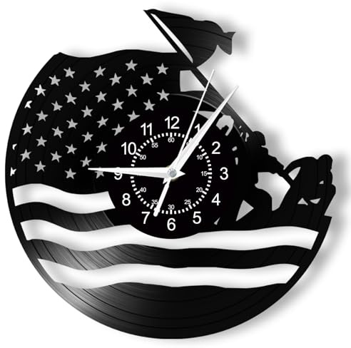 TIMEGLOW USA Flag Wall Clock, 12 Inch Marine Corps War Memorial Wall Clock, Silent Quartz Non Ticking Battery Operated Modern Decorative Vinyl Record Clock Wall Watch Gift for Military Dad Husband