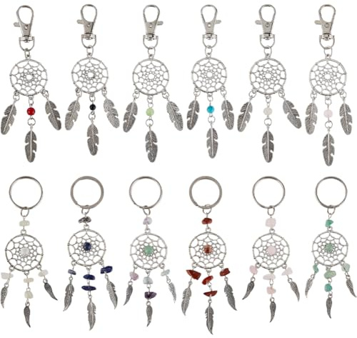 SUNNYCLUE 1 Box 12 Stile Traumfänger Schlüsselanhänger Bohemian Stil Stein Schlüsselanhänger Große Menge Natürliche Edelsteinperlen Federanhänger Glückskristall Chakra Perlen Schlüsselanhänger Für Tas