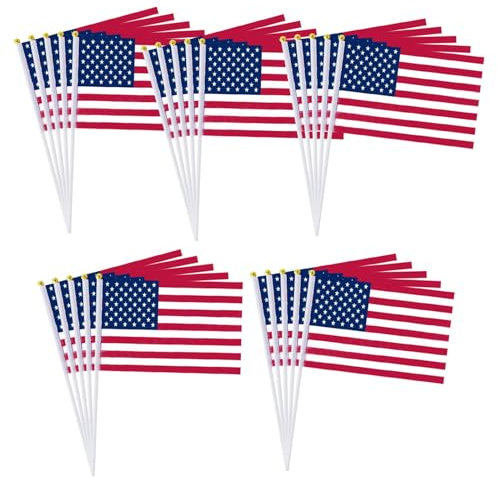 25 Stück amerikanische handgeschwenkte Flagge inklusive Fahnenmast, 8 Flaggen, 14 x 21 cm, Polyester, Doppelmuster Kletterseil Kinder (Red, One Size)