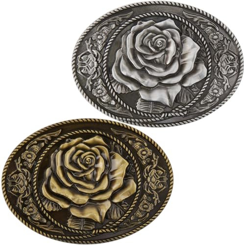 GORGECRAFT 2 Farben Rose Gürtelschnalle Western Vintage Oval Bohemian Stil Blume Metalllegierung Gürtelverschluss Dekorative Schnalle Druckknopf Cowboy Cowgirls Antik Silber Bronze