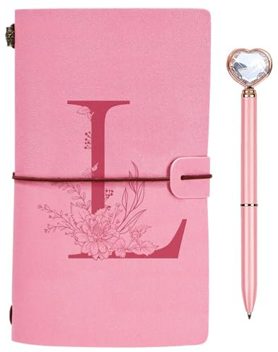 Initialen PU Leder Notizbuch mit Stift, Rosa Nachfüllbar Tagebuch für Frauen Mädchen, Reisetagebuch Skizzenbuch Notebook Geschenk für Freundin Schwestern Lehrer Abschluss Geburtstag Weihnachten L