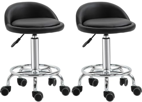HOMCOM 2 Stück Rollhocker Arbeitshocker drehbar 360° – verstellbare Sitzfläche 47-62 H cm, ergonomische Rückenlehne – verchromter Stahl, mit synthetischer Beschichtung, Schwarz, 2 Stück