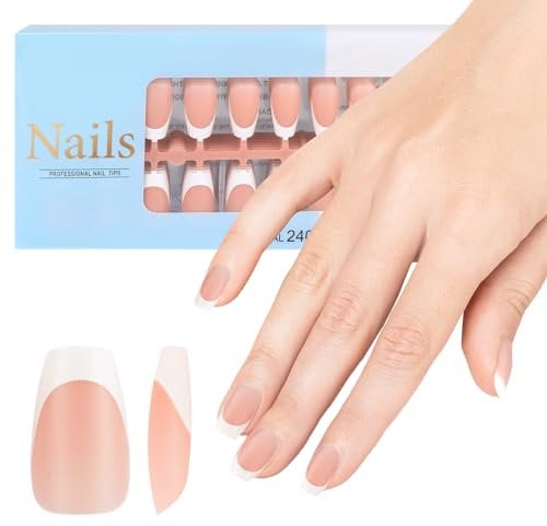JSRQT 240Pcs French Tip False Nails, Full Cover Artificial Short Coffin Nails for Extension, X-Coat Tips Stick Press on Gel French Nails, Nail Art DIY for Women Girls(Brown)