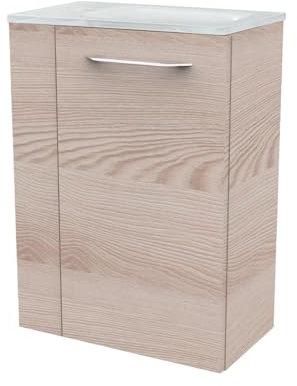 FACKELMANN B.CLEVER Gäste-WC Set 2 Teile – Waschtischunterschrank in Holz Braun mit Waschbecken aus Glas in Weiß – SBC Waschbeckenunterschrank schmal – Türanschlag rechts – 45 cm breit