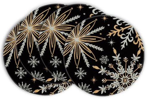 Artoid Mode Schwarz Gold Schneeflocken Weihnachten Runde Platzsets 4er Set, 37cm Winter Xmas Tischset Platzdeckchen Küche Party Deko