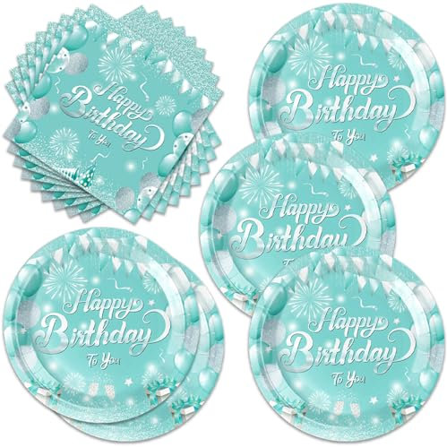 Frypeas 40pcs Teal and Silver Birthday Party supplies，Happy Birthday party Tableware Set Confetti Sprinkles Plates Napkins Party Decorations for Men Women Kids Birthday Party Supplies (green)