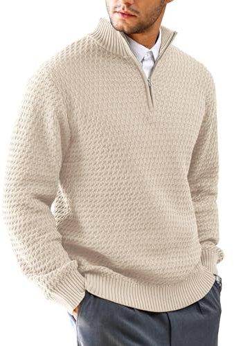 HYPESTFIT Mens Quarter Zip Sweater Mock Neck Knitted Pullover Long Sleeve Jumper Casual Top Khaki M
