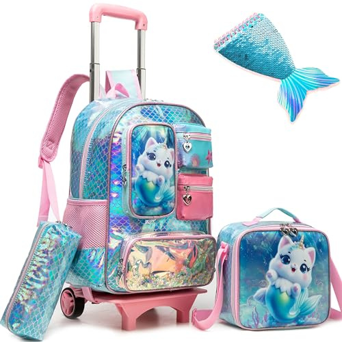 Meetbelify Bonita mochila con ruedas para niñas de 6 a 8 años de edad, mochila escolar con lonchera y estuche para niñas de 6 a 8 años, gato sirena