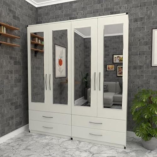 4-Door Mirrored Wardrobe, Assembled, 156cm Wide, White, with Storage Drawers and Rails