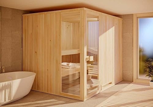 FinnTherm Innensauna Ergo Ausblick Innensauna 3 Sitzbänke aus Holz, Saunakabine mit 72 mm Wandstärke, Dampfsauna mit Montagematerial