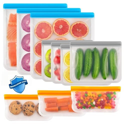 Reusable Freezer Bags, 10 Pack | M, L & Xl Zip Lock Silicone Freezer Bags Reusable, BPA Free, Washable & Leakproof Food Storage Pouches for Keeping Lunch, Sandwich, Snacks, Fruit, Potato, Veg & Soup