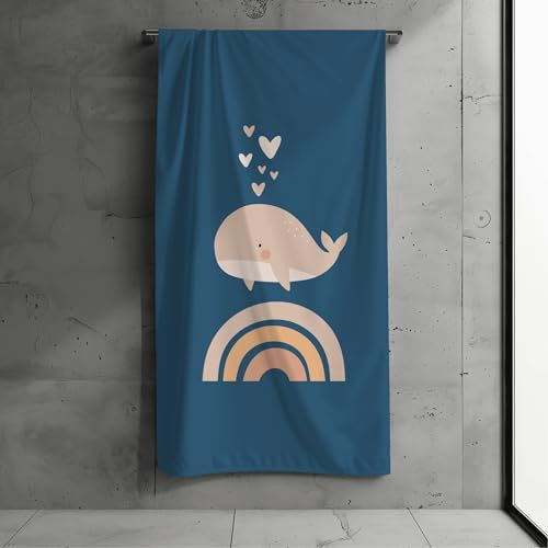 MTOnlinehandel Kinder Strandtuch 70x140 cm für Mädchen & Jungs – Weiches & Saugfähiges Badetuch mit Wal-Motiv blau – Baumwolle & Polyester Mix Match