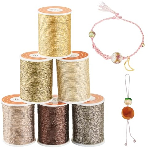 PandaHall - 6 rotoli di filo metallico da 1 mm, filo intrecciato per ricamo, corda macramè, colore: oro, marrone chiaro, marrone, per lavori a uncinetto, quilting, bracciali dell'amicizia e creazione