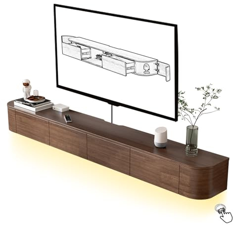 HYANXUE Floating TV Unit, Mounted TV Stand with Flip-Down Doors & Side door, Storage TV Bench Under TV for Bedroom Livingroom (Brown+LED, 220CM)
