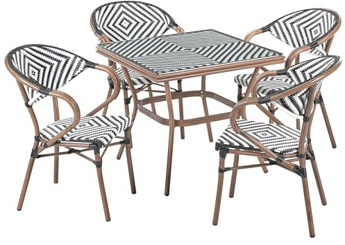 Beliani 4 Seater Garden Dining Set Rattan Round Table Chairs Aluminium Frame Black and White with Dark Brown Caspri
