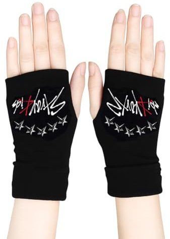 DEFGNOP 1 Paar Stray Handschuhe Fingerlos, Stray Strickhandschuhe, Kpop Schwarz Winter Gloves mit 1 SKZ Aufkleber und 2 SKZ Photocard, Kpop Fanartikel Geschenk für Stay