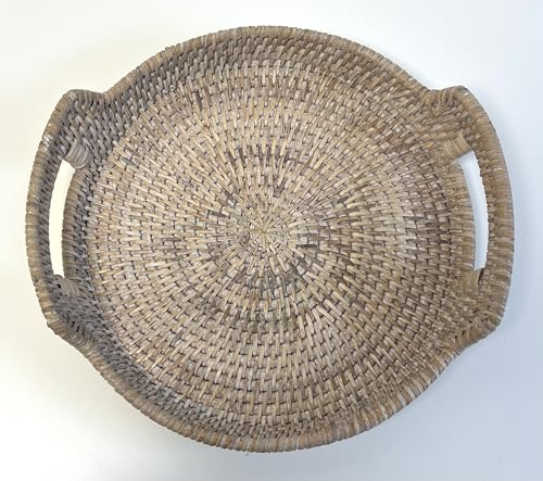 Round Rattan Serving Trays with Handles, White Wash, Woven Boho Coffee Table Display - 3 Sizes (Small (30cm))