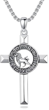 ROMANTICWORK Leo Cross Zodiac Necklace 12 Constellation Horoscope Astrology Pendant Necklace 925 Sterling Silver Zodiac Sign Jewellery Gifts for Men Women