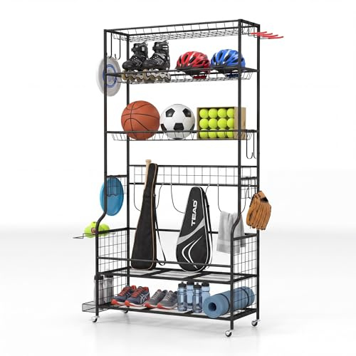 GYMAX Sports Equipment Organizer, Ball Storage Rack with Wheels, Hooks and Basket, Basketball Football Gear Holder, Indoor Outdoor Storage Cart