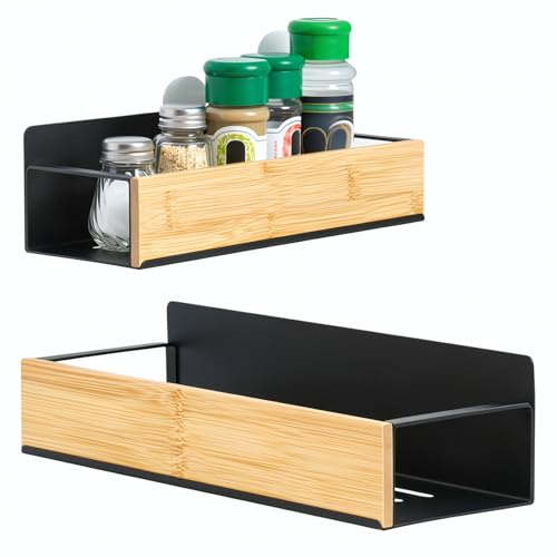 TIANLIN 2 Pezzi Porta Magnetico per Spezie in Legno e Acciaio – Mensola Magnetica per Frigorifero, Microonde, Lavatrice – Organizzazione Cucina Salvaspazio, Nero