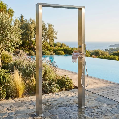 Gecheer Gartendusche Edelstahl, Doppeldüsen, Regendusche, Wasserfalldusche, Körpermassage, Handbrause, 200 Silikondüsen, für Schwimmbecken, Garten und Außenbereich