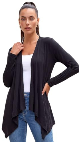 Roman Waterfall Cardigan for Women UK - Ladies Open Front Cardi Smart Casual Edge to Edge Daytime Everyday Summer Autumn Knitted Knitwear Long Sleeve Fashionable - Black - Size 10