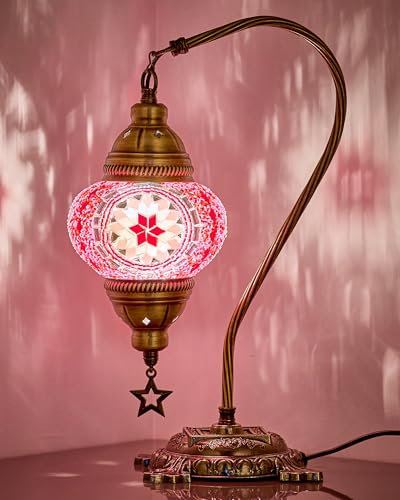 DEMMEX Authentic Turkish Lamp, Made in Turkey, Turkish Moroccan Tiffany Style Mosaic Table Bedside Lamp, Lampshade, 100% Handcrafted, Antique Brass Color Metal Body & Base, 15 (Light Pink)