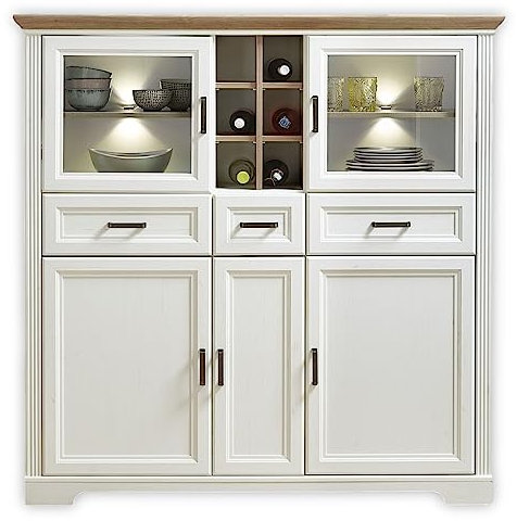 JASMIN Highboard in Pinie hell, Artisan Eiche Optik - Wohnzimmerschrank mit Schubladen und LED-Beleuchtung im Landhausstil - 143 x 150 x 42 cm (B/H/T)