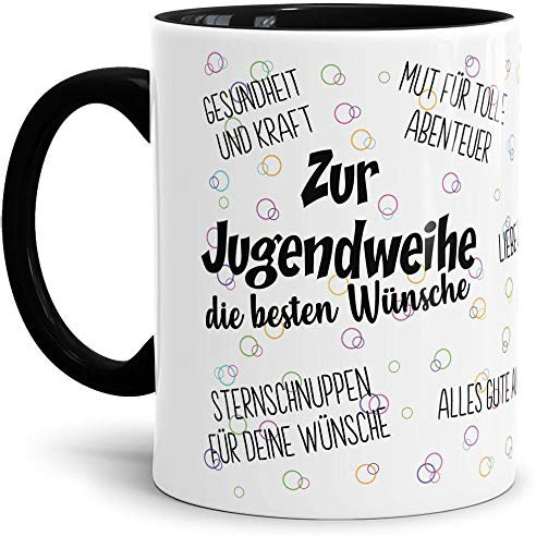 Tassendruck Geschenk-Tasse zur Jugendweihe Die besten Wünsche - Erwachsen/Kind/Feier/Innen & Henkel Schwarz