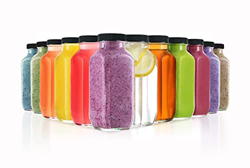 DilaBee 8 Ounce Glass Drink Bottles, Pack of 12 Glass Water Bottles with Lids, Great for Storing Juices, Smoothies, Beverages (12 Pack)