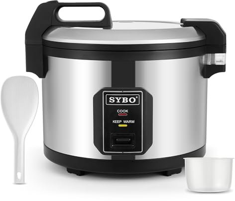 SYBO Cuociriso commerciale e scaldavivande, 60 tazze grandi (30 tazze crude), riso con coperchio incernierato, pentola con inserto antiaderente, esterno in acciaio inossidabile