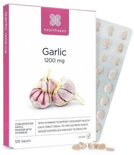 Healthspan Knoblauch | 1.200 mg | Unterstützt Herzgesundheit, Atmungssystem & Cholesterinspiegel | Zusätzlich Vitamin B1 | Geruchskontrolliert & Leicht zu Schlucken | Vegan | 120 Tabletten