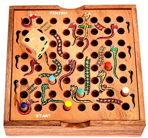 Schlange Leiter Spiel als Holzbox, Knobelholz Würfelspiel, Reisespiel für 2 bis 6 Spieler, Snake Ladder Game Box, Gesellschaftsspiel, Unterhaltungsspiel, Familienspiel, Holzspiel